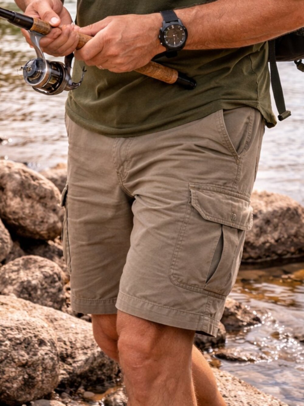 Falls Creek Men's Cargo Shorts Size 38 Taupe Beige 7 Pockets Hiking Fishing